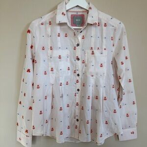 Anthropologie Maeve Button Down Top Peplum Novelty Tee Pee Print Women Size 0